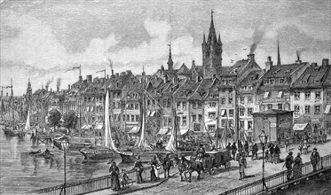 View from the wooden bridge to the old town, Königsberg, Kaliningrad, Russia, in 1880, Historical,