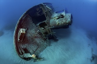 Wreck of 1972 sunken ship freighter decaying rusting shipwreck Elviscot lies on starboard side on