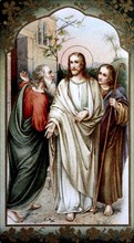 A holy picture with a depiction of Easter, Christ with the two disciples in Emmaus near Jerusalem,