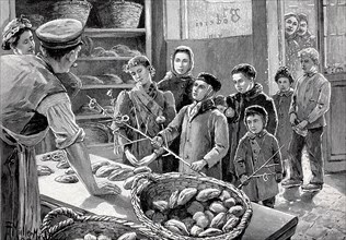 Children cariding, begging for bread and pastries in a bakery, in the Mark Brandenburg, around