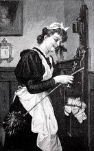 Maid using the telephone on 1 January for a New Year's greeting, illustration from 1895, Germany,