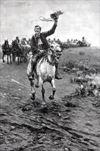 Wedding rider in Poland, leading the bridal procession, 1890, Historical, digital reproduction of