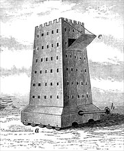 Helepole or wall tower, 350 BC, with battering ram and drawbridge, siege tower, illustration from