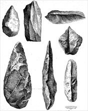 Weapons and tools of the people of the Stone Age, hand axe, illustration from 1880, historical,