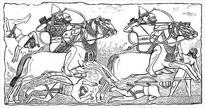 Assyrian warriors, attack on horseback, Assyria, Assyrian Empire, ca 800 BC, Illustration from