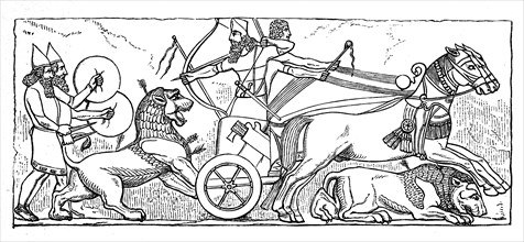 Assyrian warriors, lion hunt with a chariot, Assyria, Assyrian Empire, ca 800 BC, Illustration from