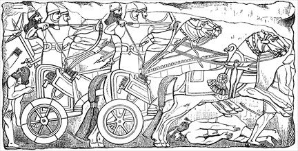 Assyrian warriors with chariot, Assyria, Assyrian Empire, ca 800 B.C., Illustration from 1890,