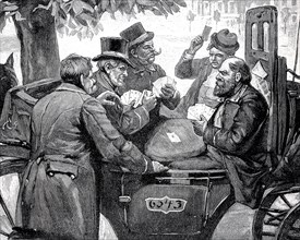 Men playing cards in a carriage, Berlin, 1896, Germany, Historical, digital reproduction of an