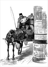 Coachman standing with his carriage next to an advertising pillar and reading a newspaper, Berlin,