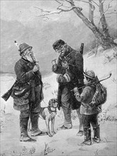 Hunters exchange their hunting experiences, hunting gossip, stand together with rifle, hunting dog