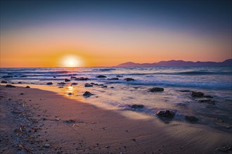 Beach on the island of Kos near the town of Mastichari in summer at sunset, Mastichari, Kos,