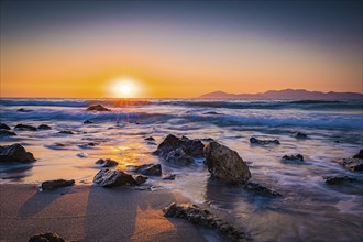 Beach on the island of Kos near the town of Mastichari in summer at sunset, Mastichari, Kos,