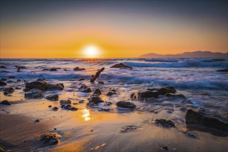 Beach on the island of Kos near the town of Mastichari in summer at sunset, Mastichari, Kos,