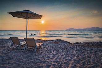 Beach on the island of Kos near the town of Mastichari in summer at sunset, Mastichari, Kos,