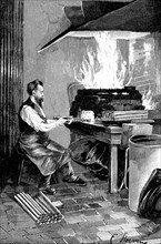 Metalworking, Man working at the brazing furnace, Illustration from 1880, Germany, Historical,