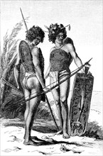 Warrior in Rottang armour from Attak Bay, Neiguinea, in 1880, Historical, digital reproduction of