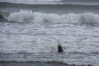 A surfer enters the water on an ideal day for surfing along the Wild Atlantic Way. Strandhill,