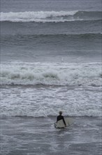 A surfer enters the water on an ideal day for surfing along the Wild Atlantic Way. Strandhill,