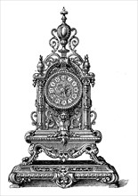 Bronze grandfather clock in the style of Henry II, French work, illustration from 1890, historical,