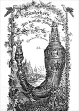 The jubilant Wunderhorn, cover picture of a German song collection from 1808, historical, digital