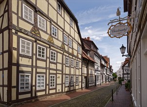 Town centre of Hameln, Alte Marktstrasse, with cobblestones and historic half-timbered houses.