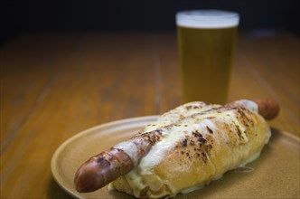 Delicious close-up of traditional Uruguayan hot dog (pancho)