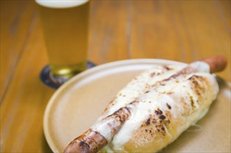 Delicious close-up of traditional Uruguayan hot dog (pancho)