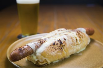 Delicious close-up of traditional Uruguayan hot dog (pancho)