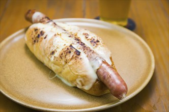 Delicious close-up of traditional Uruguayan hot dog (pancho)