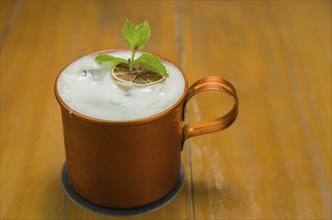 Delicious Moscow Mule drink copper cup close-up