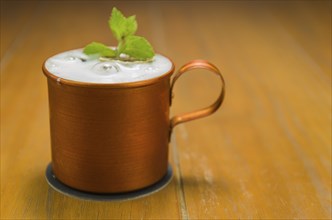 Delicious Moscow Mule drink copper cup close-up