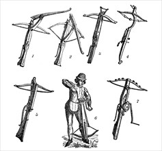 Crossbow, crossbows, seesaw crossbow (1-2), fire crossbow (3), bullet crossbow (4), chute crossbow