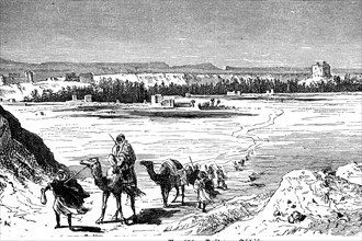 Camel caravan in the Arabian desert, 1890 / Kamelkarawane in der arabischen Wüste, 1890,