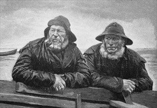 Closing time, two fishermen returning to the harbour, France, 1890, Historical, digital