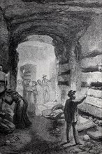 Visitors in the catacombs of Rome, Italy, 1880, Historical, digital reproduction of an original