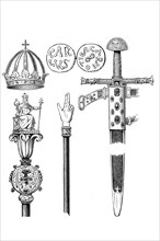 Sword, sceptre, rod of judgement and crown, coins from the time of Charlemagne, around 800 AD,