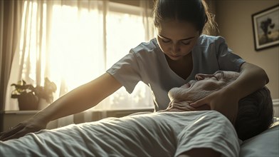 A nurse provides assistance to an elderly man in a mid-day lit room, maintaining a supportive and