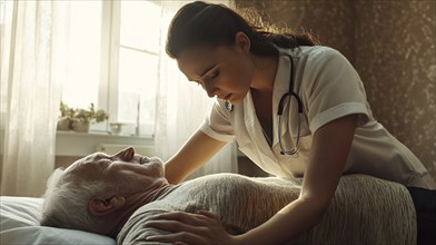 A nurse with a stethoscope tends to an elderly man in a warmly lit room, exuding care and