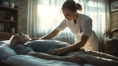 A nurse providing medical assistance to an elderly man in an evening-lit room, showcasing a caring