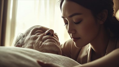 A close-up of a caregiver showing tenderness towards an elderly man in a calm, comforting