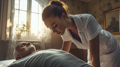 A caregiver engages closely with an elderly patient in a warm, intimate setting, emphasizing