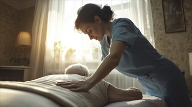 A nurse provides care to an elderly man in a warm, sunlit room, exuding compassion and dedication,