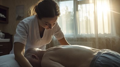 An elderly patient receives a comforting massage from a caregiver in a soothing, warmly lit room,