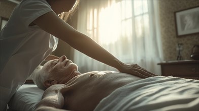 A caregiver provides a therapeutic massage to an elderly patient in a warm, relaxed, and quiet