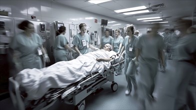 A busy hospital scene with medical personnel transporting a patient on a gurney, indicating an