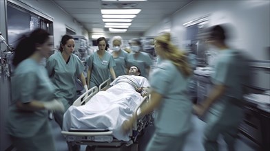 Emergency medical staff rapidly transport a patient on a gurney through a hospital hallway,