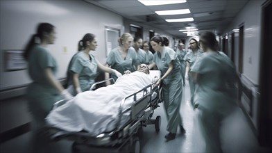 Medical staff hurry along a hospital corridor with a patient on a gurney, emphasizing an emergency