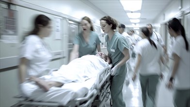 Healthcare professionals rush a patient on a gurney through a hospital corridor, conveying urgency