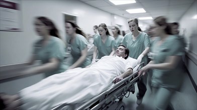 Medical staff quickly transporting a patient on a stretcher down a hospital hallway, creating a