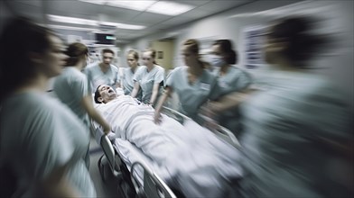 Medical team rushing a patient on a stretcher through a hospital corridor, conveying urgency and